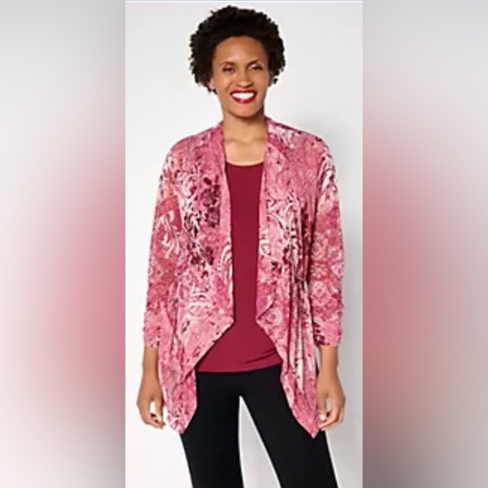 Susan Graver Mesh Cardigan with drawchord and Rouched lower arms Plus